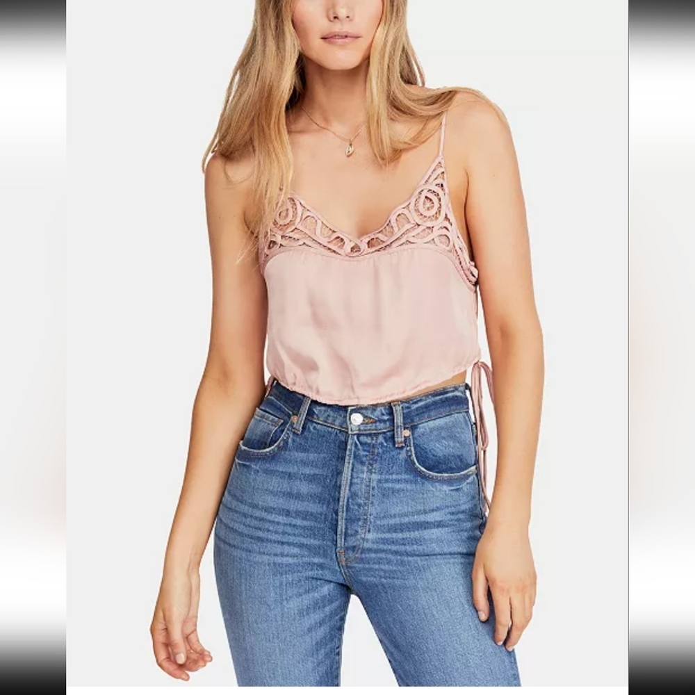 Free People S Crop Satin Lace Trim Top Petal Pink NWT